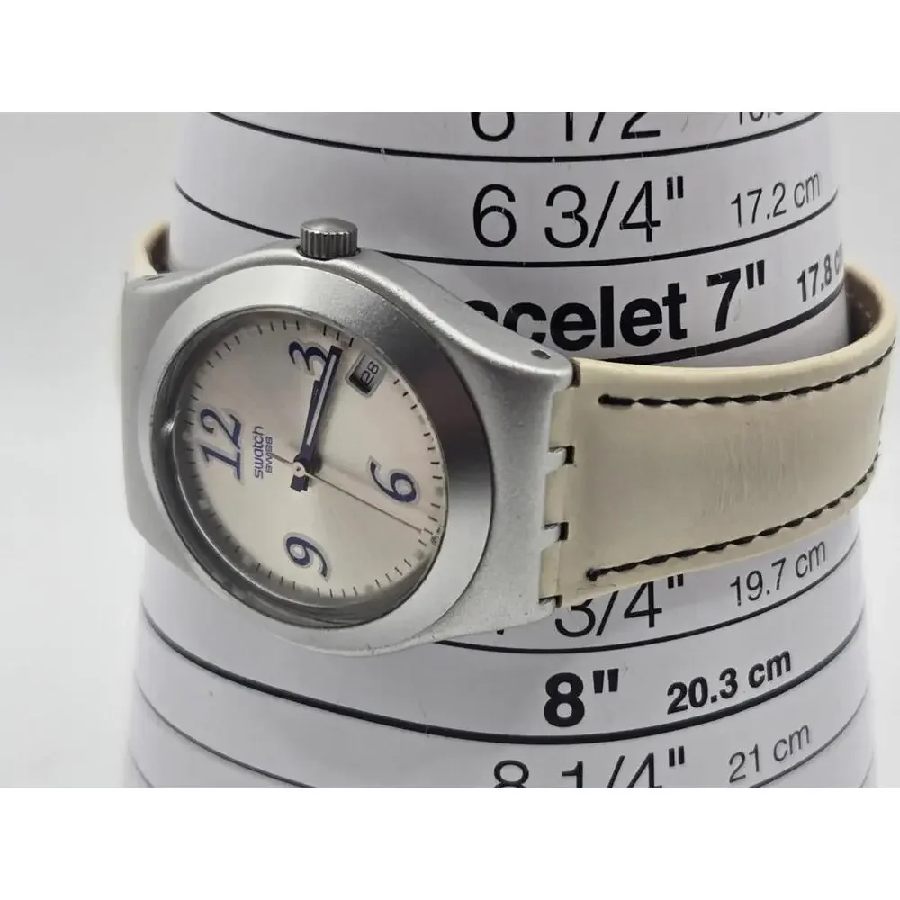 Swatch Women's Silver Case White Strap Watch with Blue Accents